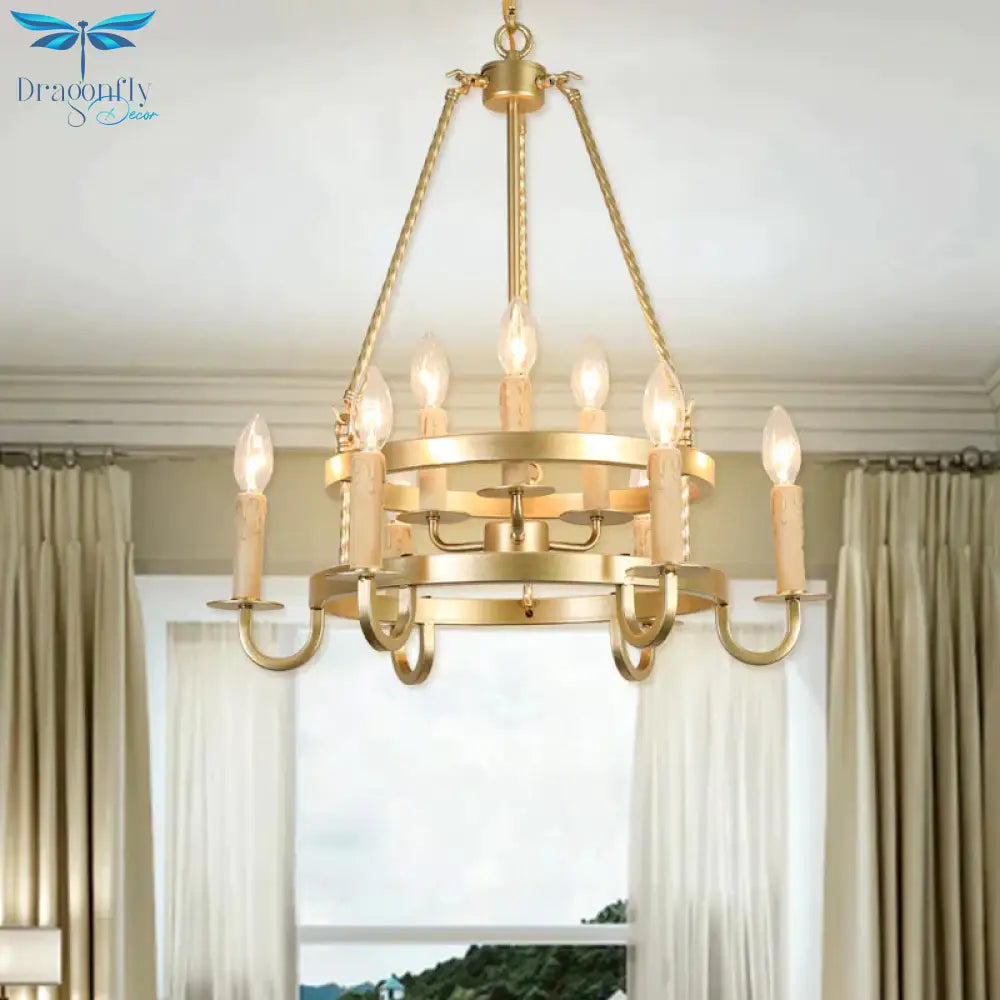 Bronze/Gold Candle Style Hanging Lamp Vintage Metal 9 Lights Living Room Chandelier Lighting