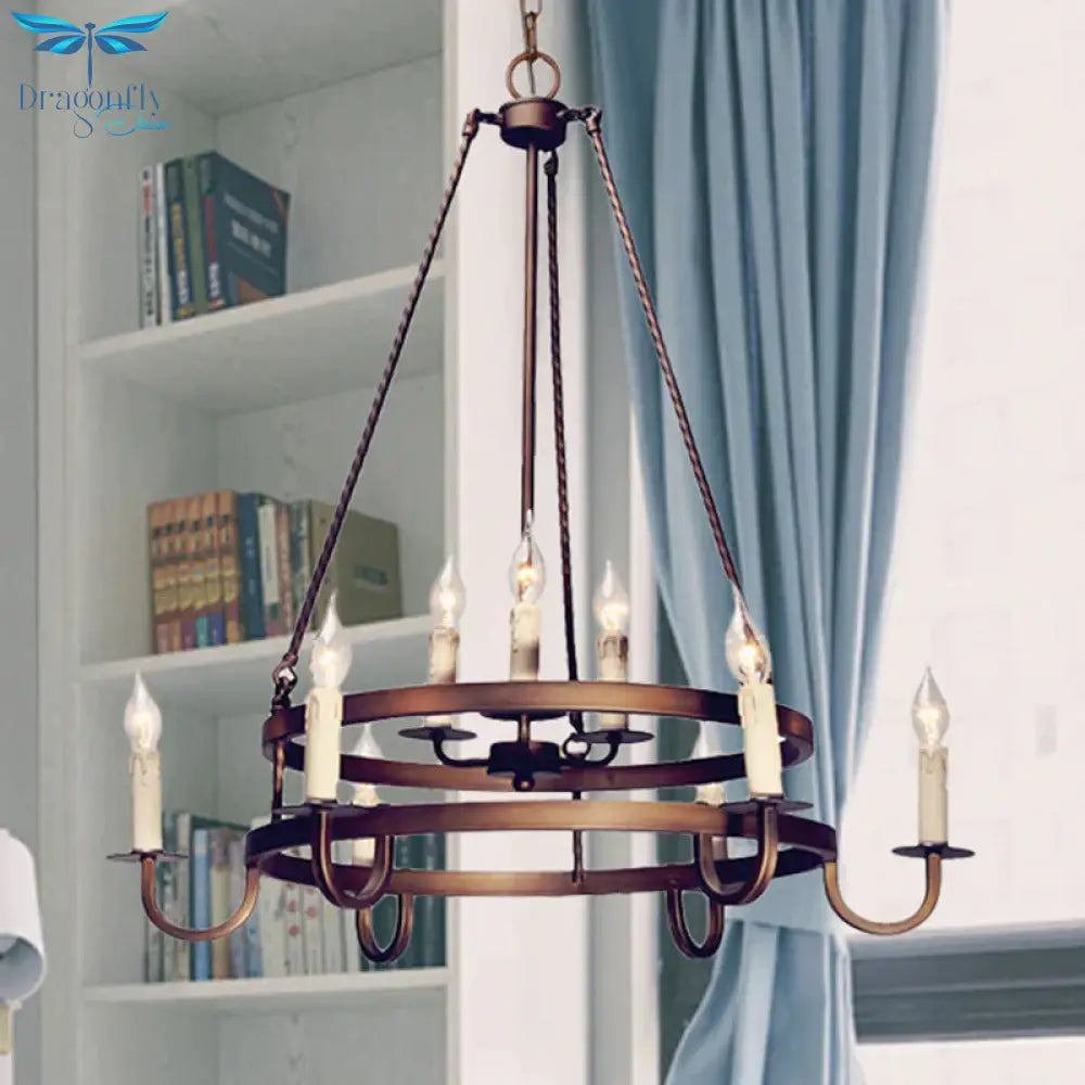 Bronze/Gold Candle Style Hanging Lamp Vintage Metal 9 Lights Living Room Chandelier Lighting