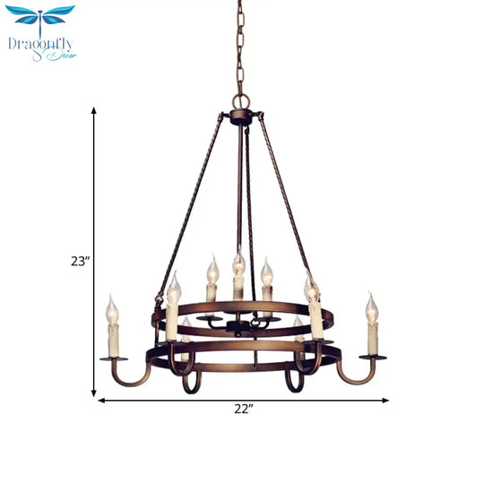 Bronze/Gold Candle Style Hanging Lamp Vintage Metal 9 Lights Living Room Chandelier Lighting