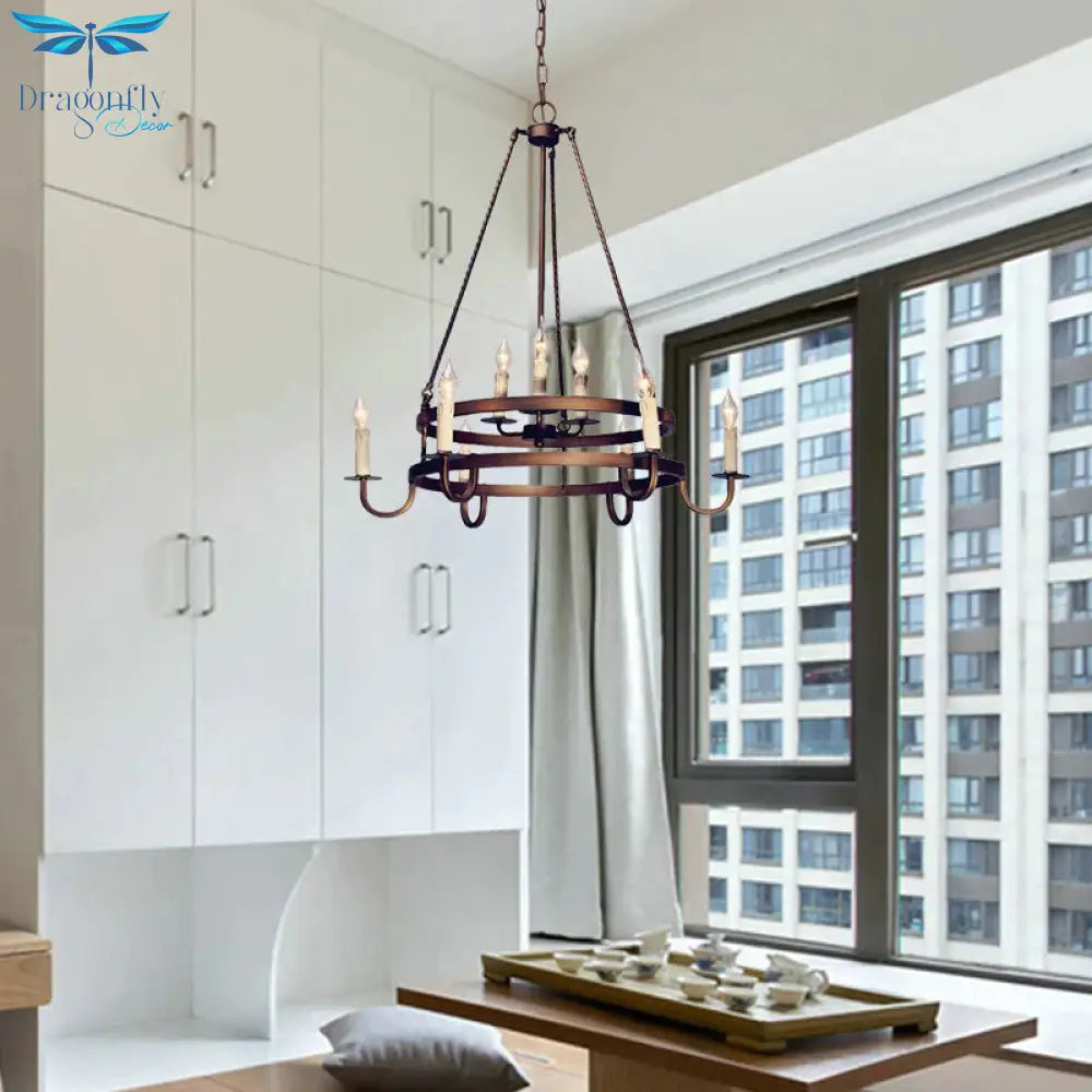 Bronze/Gold Candle Style Hanging Lamp Vintage Metal 9 Lights Living Room Chandelier Lighting