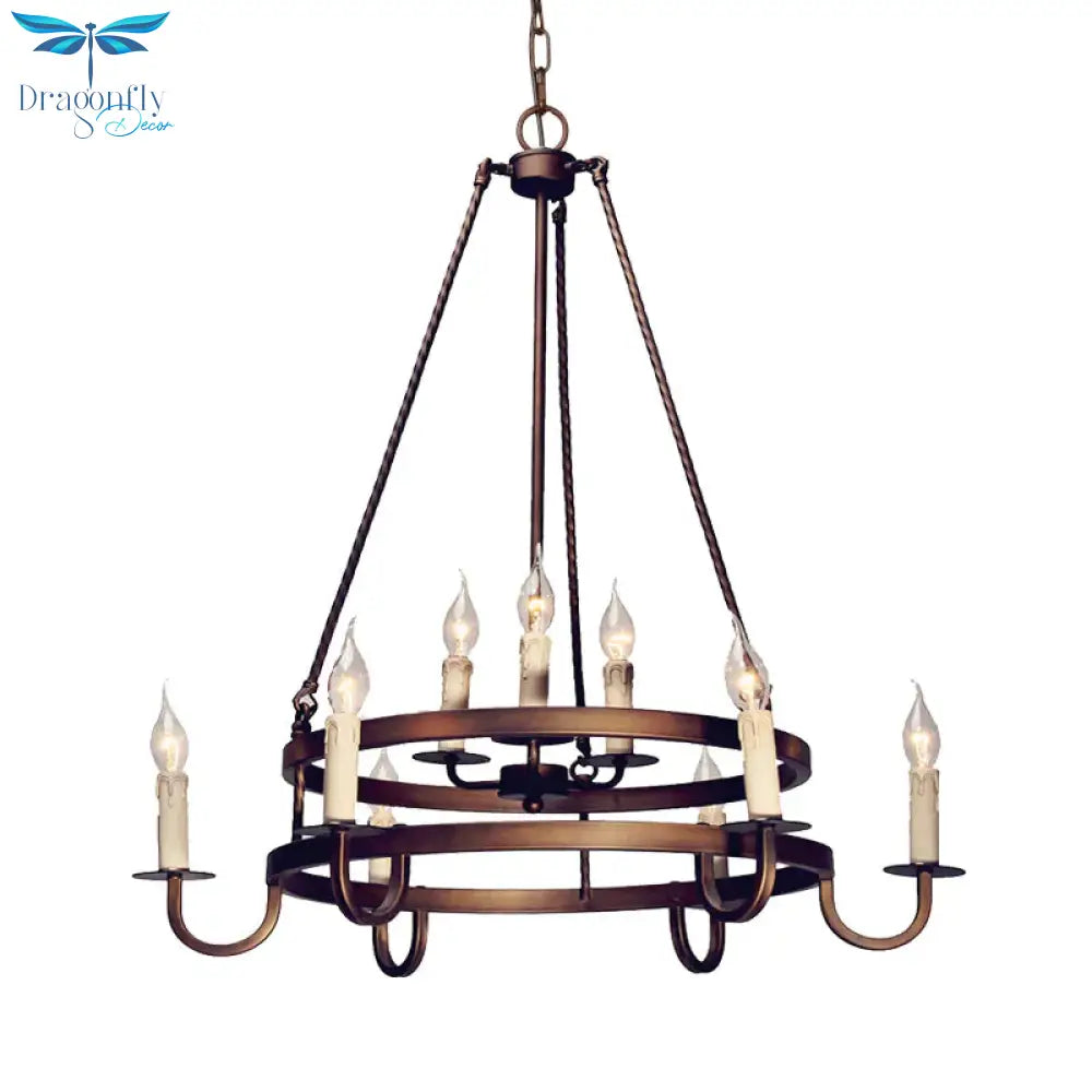 Bronze/Gold Candle Style Hanging Lamp Vintage Metal 9 Lights Living Room Chandelier Lighting