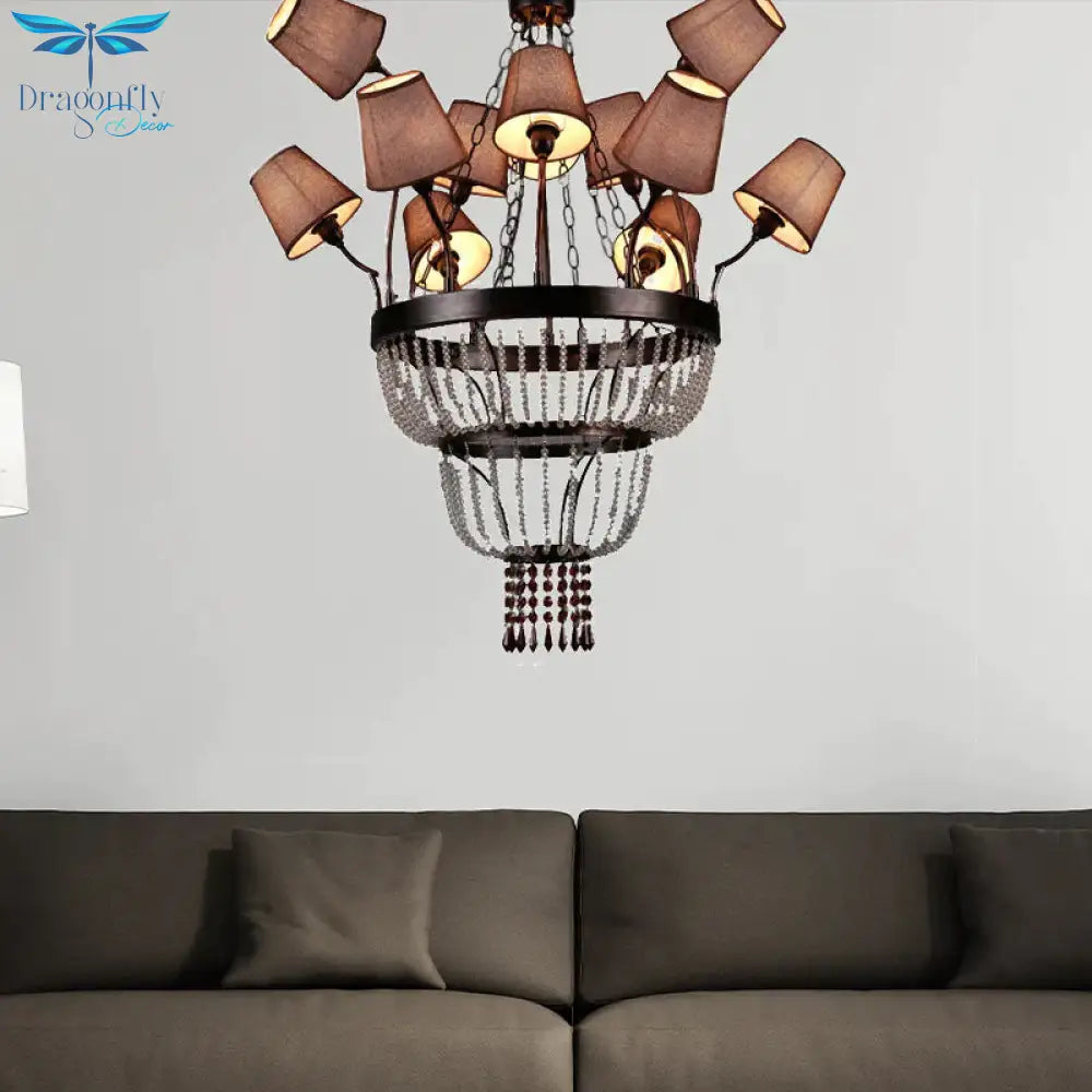 Brown 12 Lights Chandelier Lamp Country Crystal Circular Pendant Lighting For Dining Room With