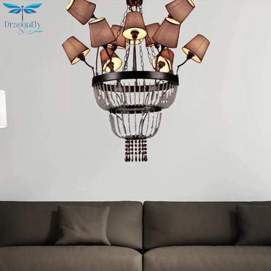 Brown 12 Lights Chandelier Lamp Country Crystal Circular Pendant Lighting For Dining Room With