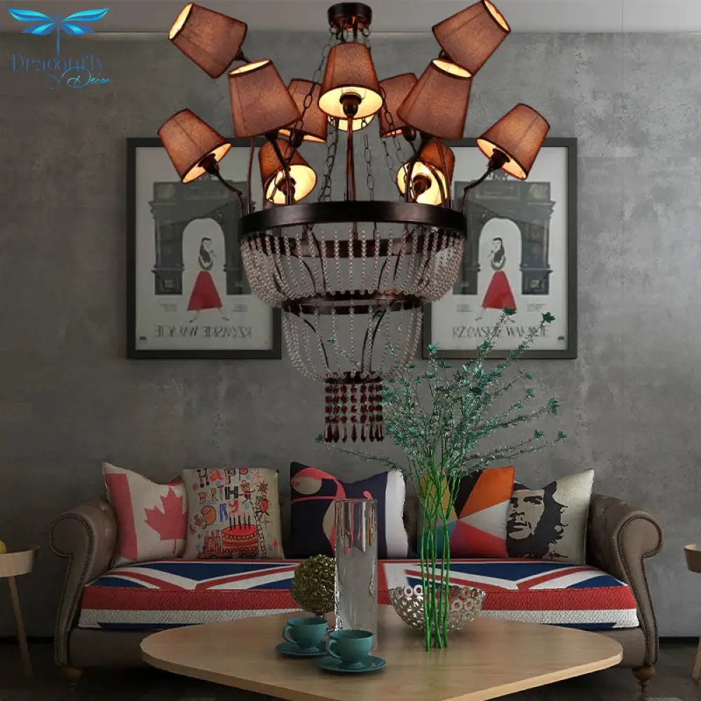 Brown 12 Lights Chandelier Lamp Country Crystal Circular Pendant Lighting For Dining Room With