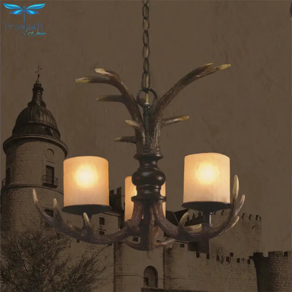 Brown 3/5 Bulbs Ceiling Chandelier Rustic White Frosted Glass Cylindrical Hanging Pendant Light