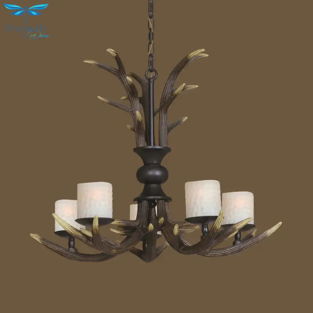 Brown 3/5 Bulbs Ceiling Chandelier Rustic White Frosted Glass Cylindrical Hanging Pendant Light