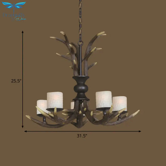 Brown 3/5 Bulbs Ceiling Chandelier Rustic White Frosted Glass Cylindrical Hanging Pendant Light