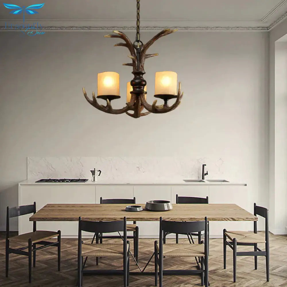 Brown 3/5 Bulbs Ceiling Chandelier Rustic White Frosted Glass Cylindrical Hanging Pendant Light