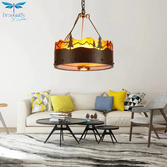 Brown 3 Lights Chandelier Light Fixture Rustic Metal Drum Pendant Lamp With Trees Pattern