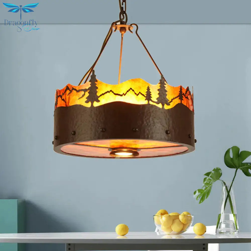 Brown 3 Lights Chandelier Light Fixture Rustic Metal Drum Pendant Lamp With Trees Pattern