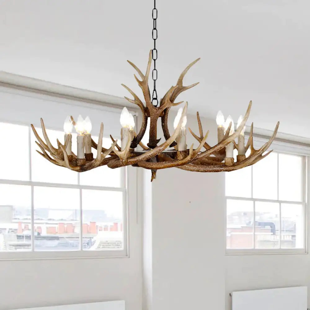 Brown 4/6/8 Heads Chandelier Lighting Rustic Resin Candle Suspension Lamp With Antler For Dining