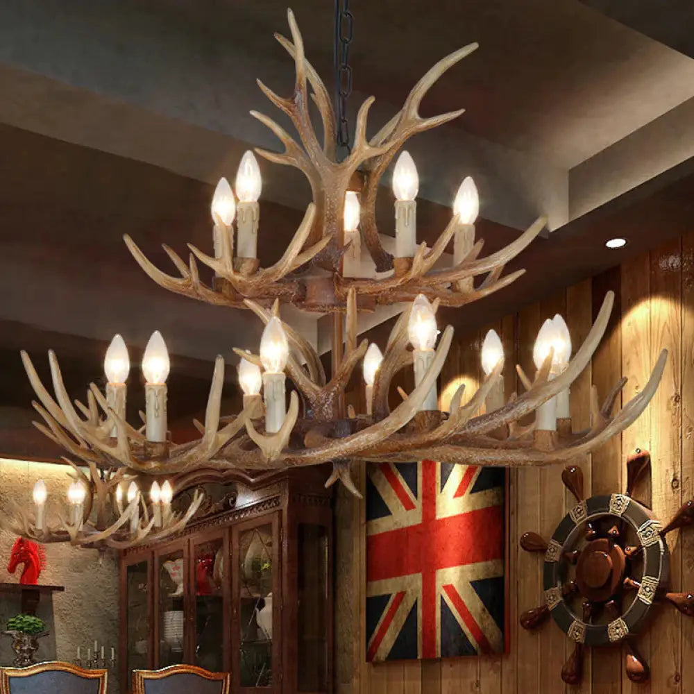 Brown 4/6/8 Heads Chandelier Lighting Rustic Resin Candle Suspension Lamp With Antler For Dining