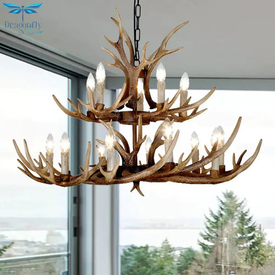 Brown 4/6/8 Heads Chandelier Lighting Rustic Resin Candle Suspension Lamp With Antler For Dining
