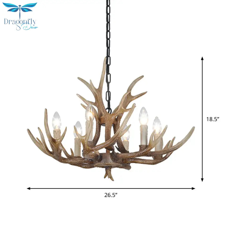 Brown 4/6/8 Heads Chandelier Lighting Rustic Resin Candle Suspension Lamp With Antler For Dining