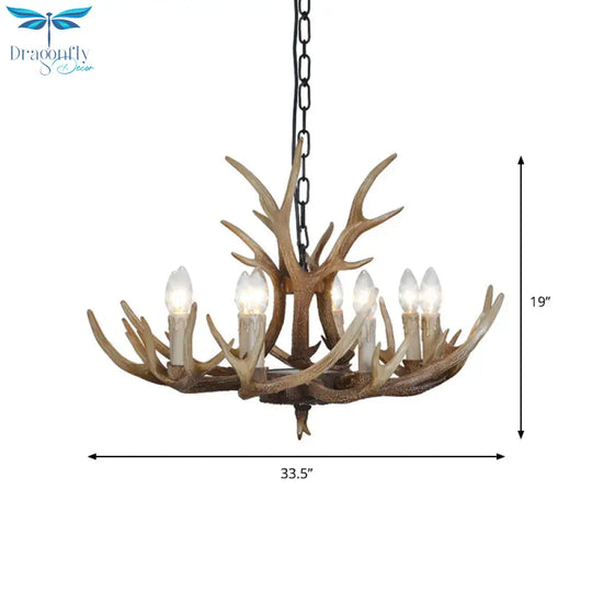Brown 4/6/8 Heads Chandelier Lighting Rustic Resin Candle Suspension Lamp With Antler For Dining