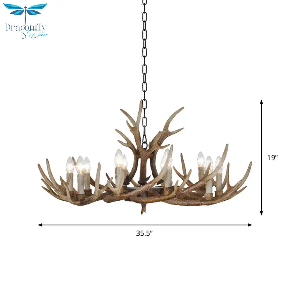 Brown 4/6/8 Heads Chandelier Lighting Rustic Resin Candle Suspension Lamp With Antler For Dining