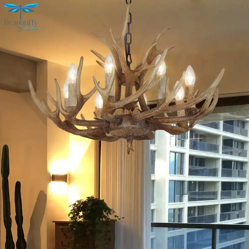 Brown 4/6/8 Heads Chandelier Lighting Rustic Resin Candle Suspension Lamp With Antler For Dining