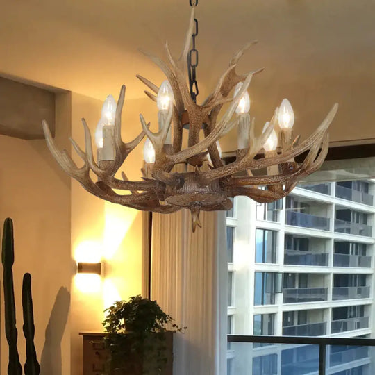 Brown 4/6/8 Heads Chandelier Lighting Rustic Resin Candle Suspension Lamp With Antler For Dining