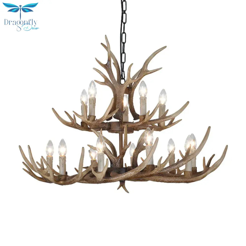 Brown 4/6/8 Heads Chandelier Lighting Rustic Resin Candle Suspension Lamp With Antler For Dining