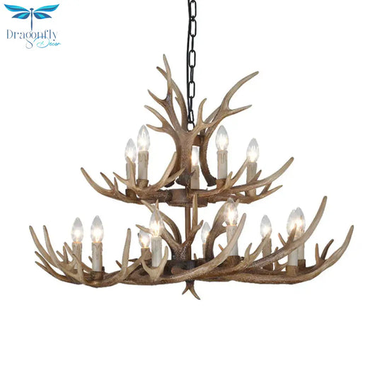 Brown 4/6/8 Heads Chandelier Lighting Rustic Resin Candle Suspension Lamp With Antler For Dining
