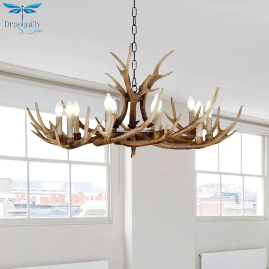 Brown 4/6/8 Heads Chandelier Lighting Rustic Resin Candle Suspension Lamp With Antler For Dining