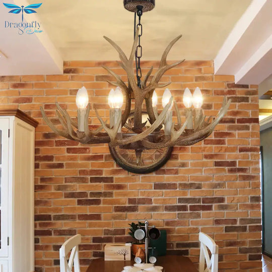 Brown 4/6/8 Heads Chandelier Lighting Rustic Resin Candle Suspension Lamp With Antler For Dining