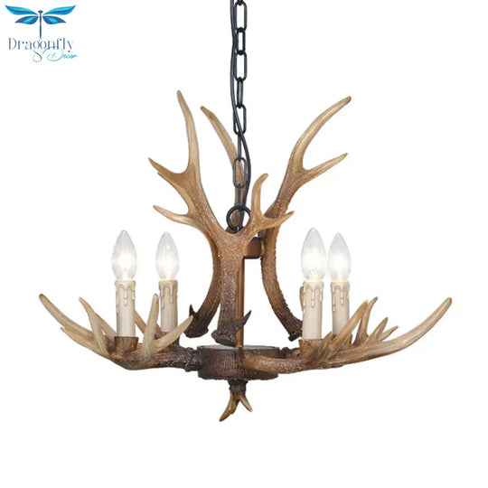 Brown 4/6/8 Heads Chandelier Lighting Rustic Resin Candle Suspension Lamp With Antler For Dining