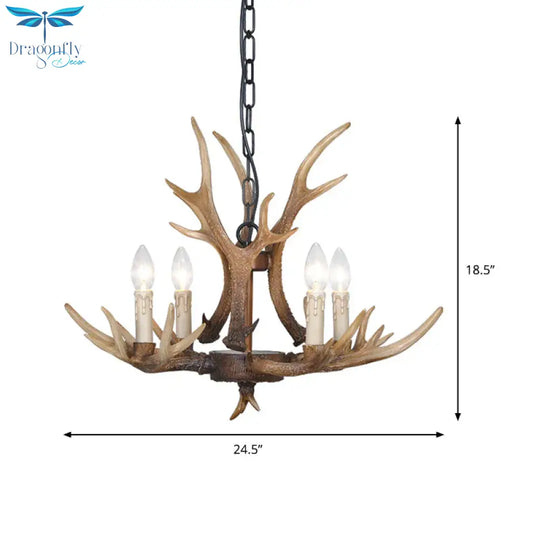 Brown 4/6/8 Heads Chandelier Lighting Rustic Resin Candle Suspension Lamp With Antler For Dining