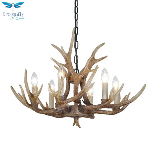 Brown 4/6/8 Heads Chandelier Lighting Rustic Resin Candle Suspension Lamp With Antler For Dining