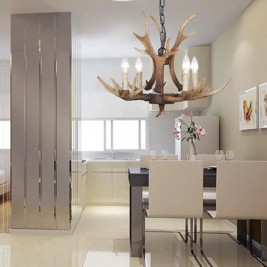 Brown 4/6/8 Heads Chandelier Lighting Rustic Resin Candle Suspension Lamp With Antler For Dining