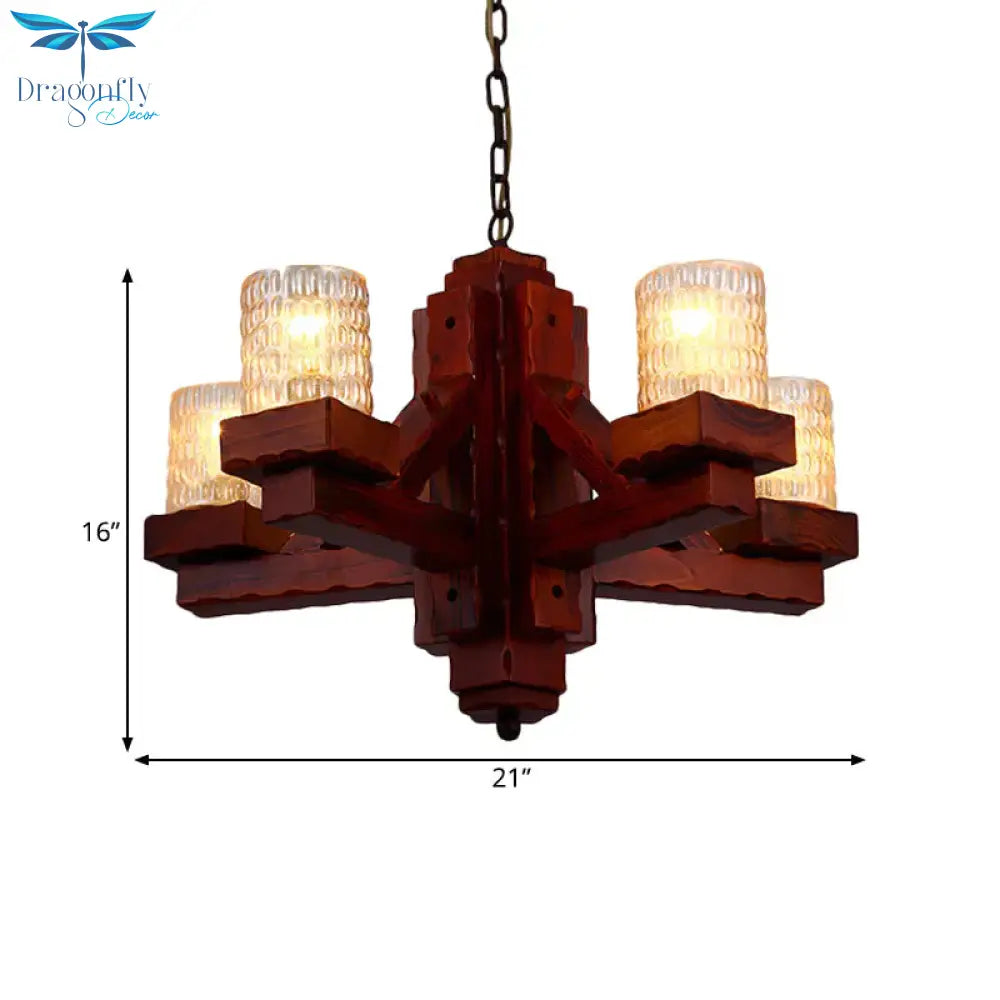 Brown 5 Heads Ceiling Chandelier Rural Yellow Dimple Glass Cylinder Hanging Pendant Light With Wood