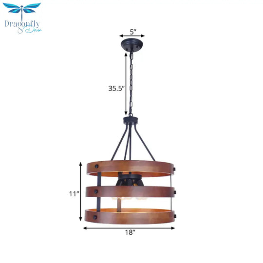 Brown 5 Heads Chandelier Lighting Rustic Wooden Round Suspension Lamp For Dining Room