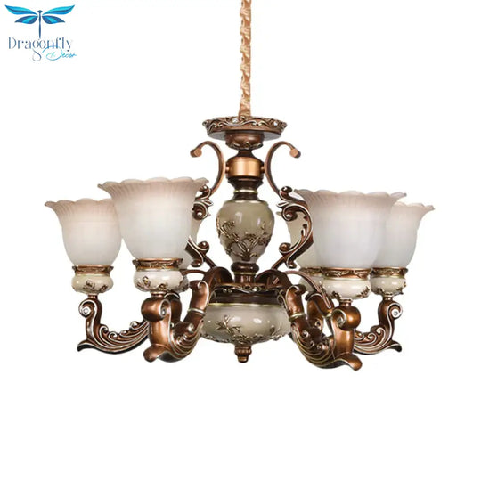 Brown 6/8 Heads Ceiling Chandelier Traditional Style Milky Glass Flower Shaped Hanging Pendant