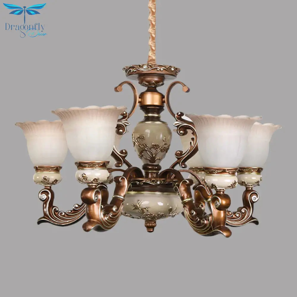 Brown 6/8 Heads Ceiling Chandelier Traditional Style Milky Glass Flower Shaped Hanging Pendant