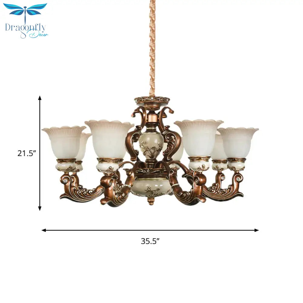 Brown 6/8 Heads Ceiling Chandelier Traditional Style Milky Glass Flower Shaped Hanging Pendant