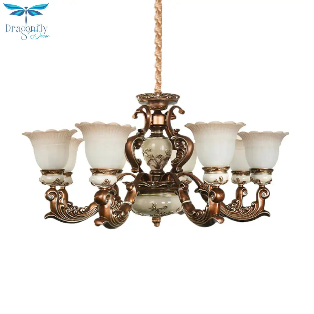 Brown 6/8 Heads Ceiling Chandelier Traditional Style Milky Glass Flower Shaped Hanging Pendant