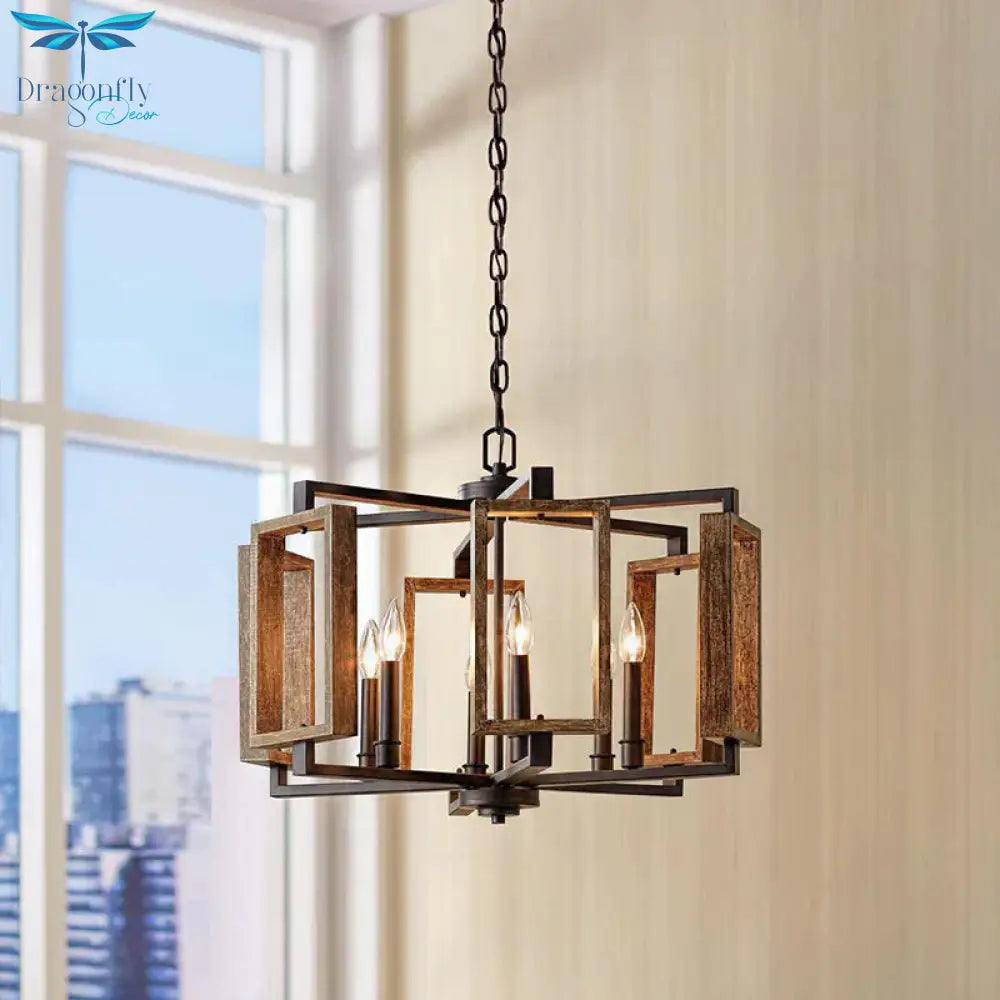 Brown 6 Lights Chandelier Lighting Rustic Metal Rectangular Pendant Lamp For Bedroom