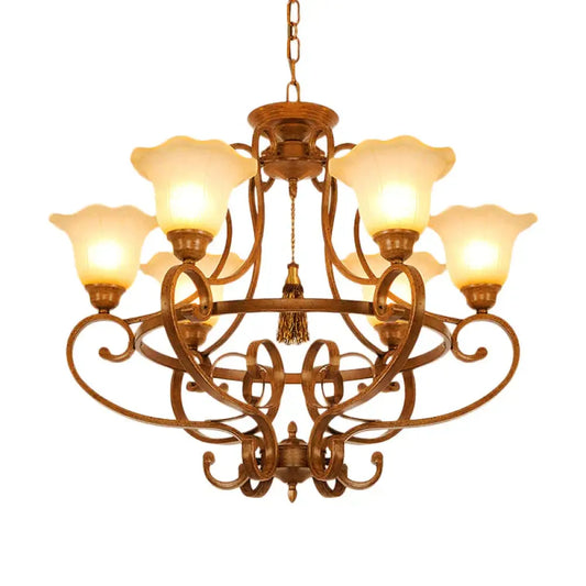 Brown 6 Lights Hanging Chandelier Traditional Frosted Glass Flared Pendant Lighting Fixture With