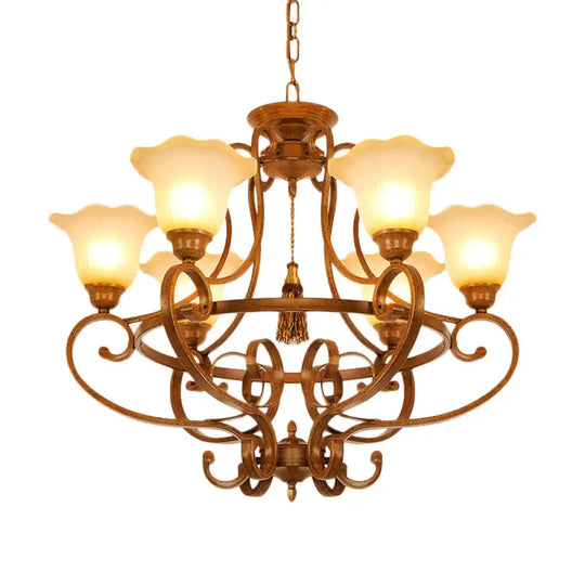 Brown 6 Lights Hanging Chandelier Traditional Frosted Glass Flared Pendant Lighting Fixture With