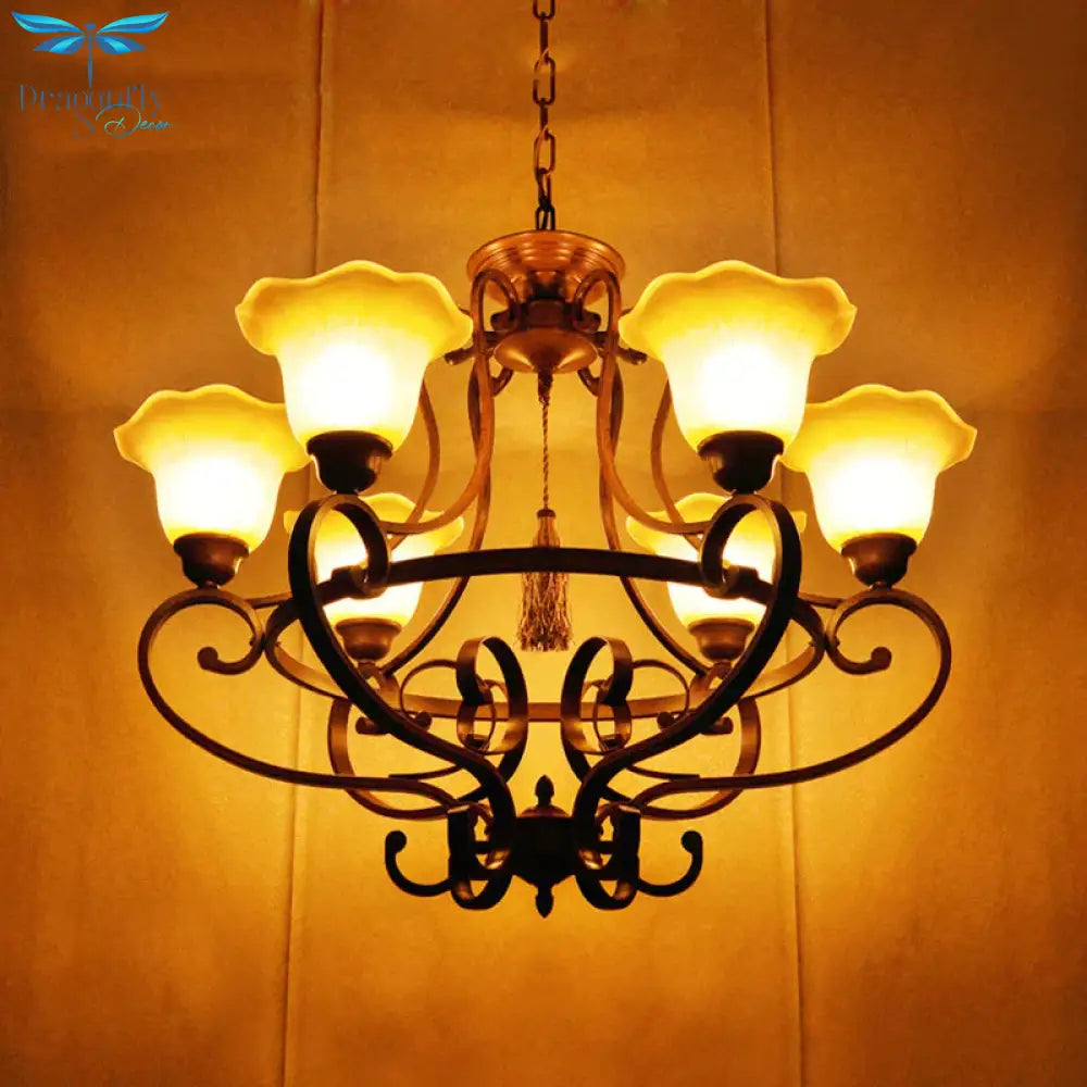 Brown 6 Lights Hanging Chandelier Traditional Frosted Glass Flared Pendant Lighting Fixture With