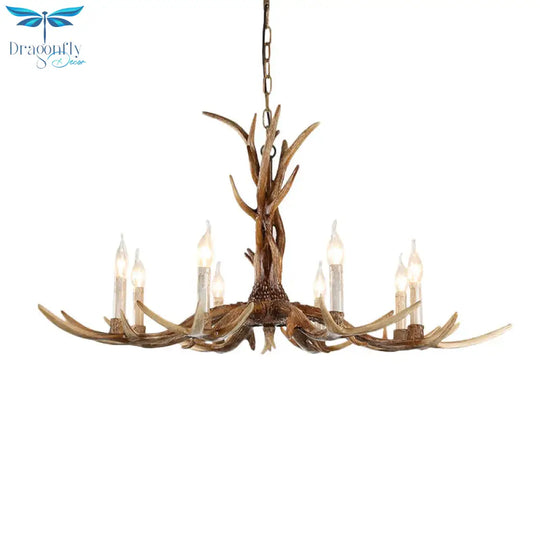 Brown 8 - Head Antler Hanging Light Lodge Resin Bare Bulb Design Ceiling Chandelier