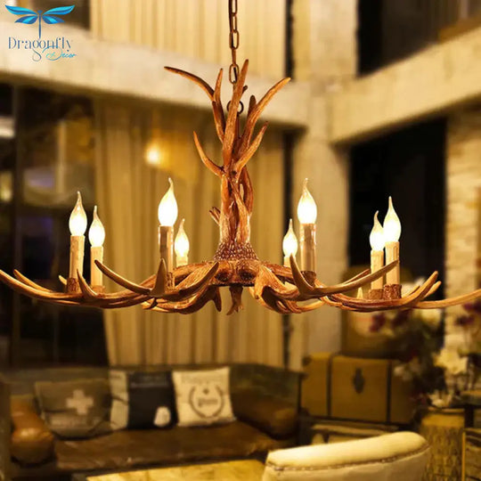 Brown 8 - Head Antler Hanging Light Lodge Resin Bare Bulb Design Ceiling Chandelier