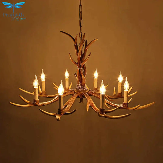 Brown 8 - Head Antler Hanging Light Lodge Resin Bare Bulb Design Ceiling Chandelier