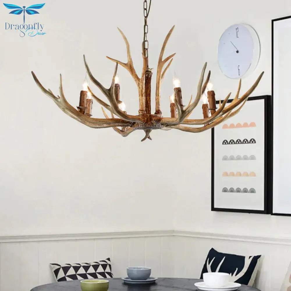 Brown 8 Lights Chandelier Lighting Rural Resin Candelabra Pendant Lamp With Antler Accent For