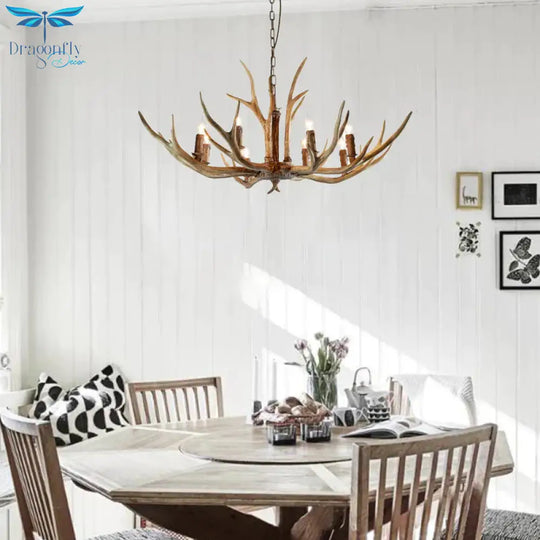 Brown 8 Lights Chandelier Lighting Rural Resin Candelabra Pendant Lamp With Antler Accent For