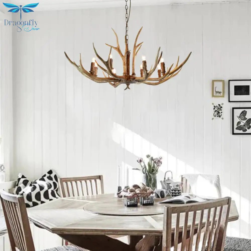 Brown 8 Lights Chandelier Lighting Rural Resin Candelabra Pendant Lamp With Antler Accent For