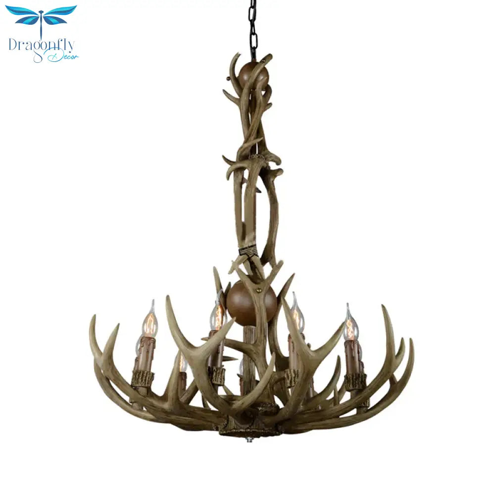 Brown 9 Lights Hanging Chandelier Rustic Resin Candle Ceiling Suspension Lamp With Antler Design