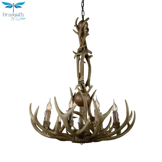 Brown 9 Lights Hanging Chandelier Rustic Resin Candle Ceiling Suspension Lamp With Antler Design