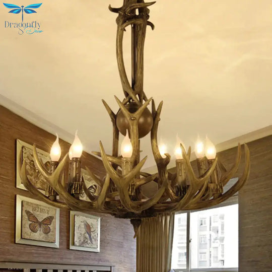 Brown 9 Lights Hanging Chandelier Rustic Resin Candle Ceiling Suspension Lamp With Antler Design