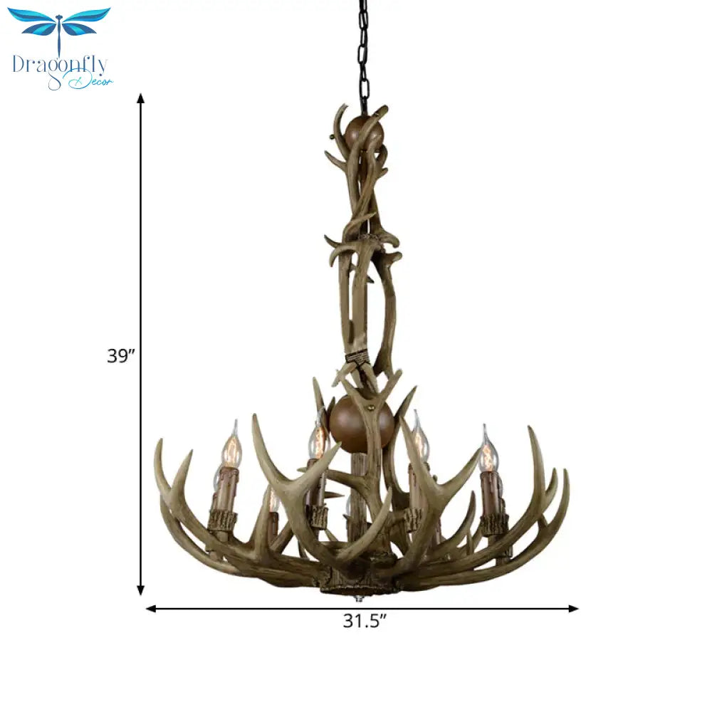 Brown 9 Lights Hanging Chandelier Rustic Resin Candle Ceiling Suspension Lamp With Antler Design